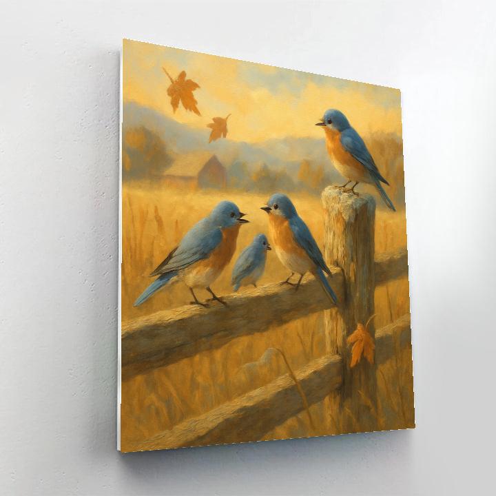 Golden Harvest Fence Bluebirds In Late Autumn Number painting