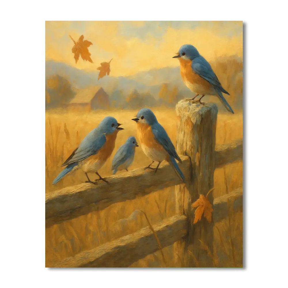 Golden Harvest Fence Bluebirds In Late Autumn Number painting