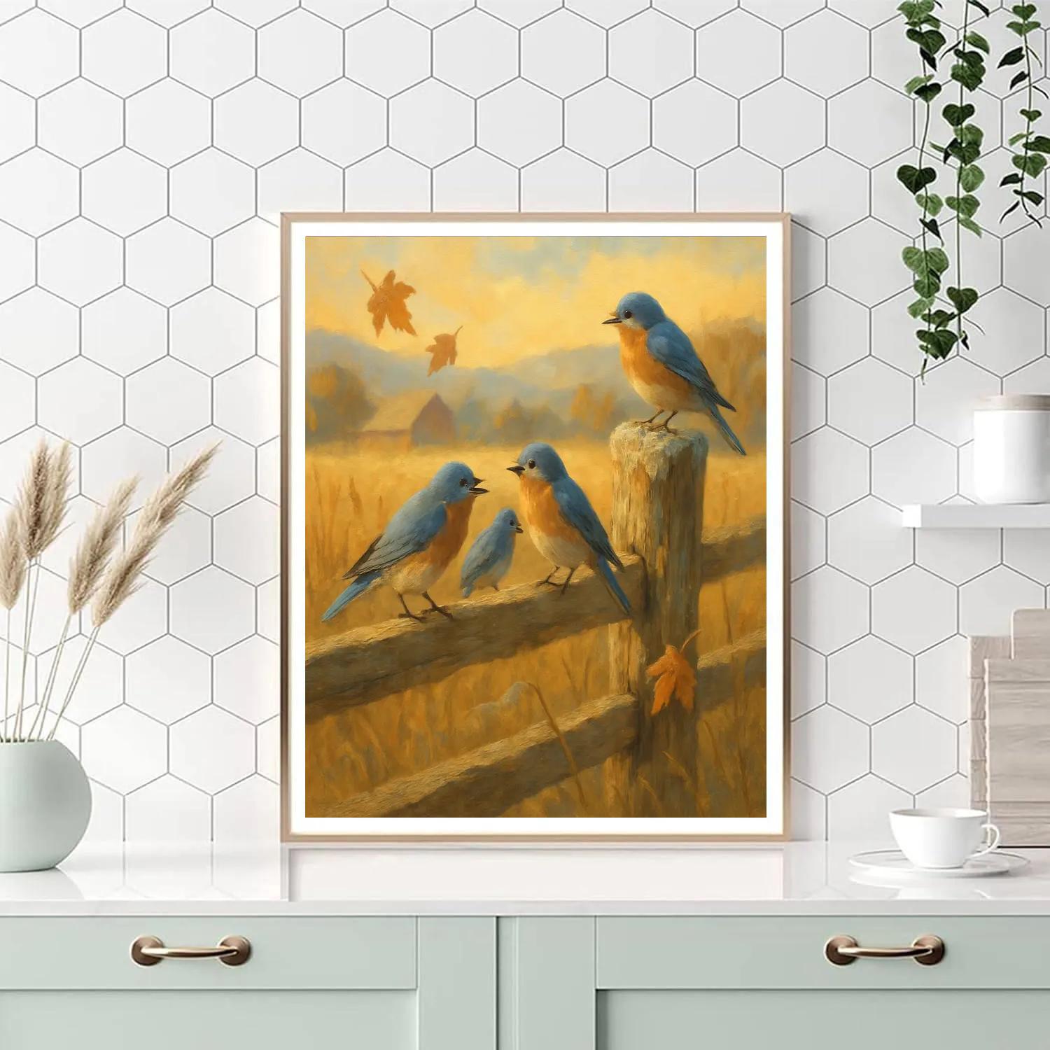 Golden Harvest Fence Bluebirds In Late Autumn Number painting
