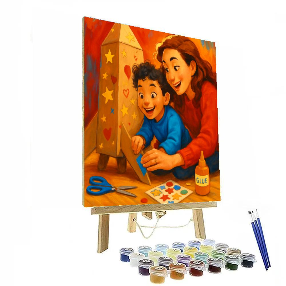 Mom And Child Building A Cardboard Rocket paint by color