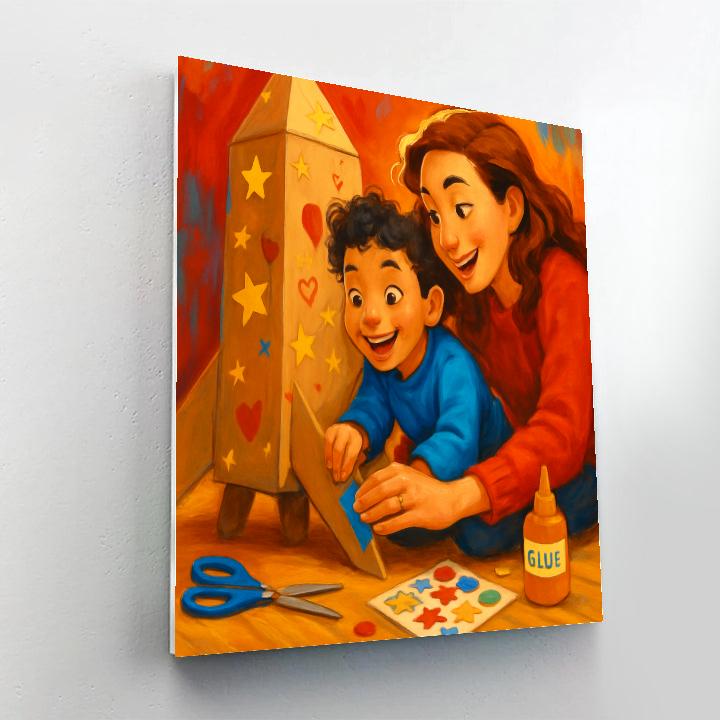 Mom And Child Building A Cardboard Rocket paint by color