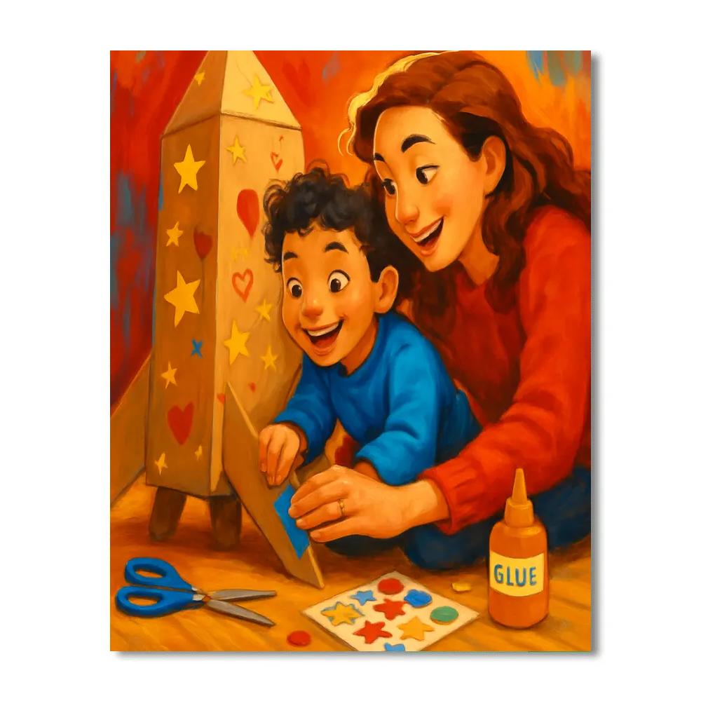 Mom And Child Building A Cardboard Rocket paint by color