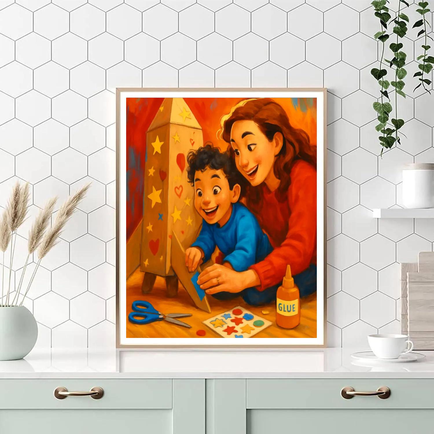 Mom And Child Building A Cardboard Rocket paint by color