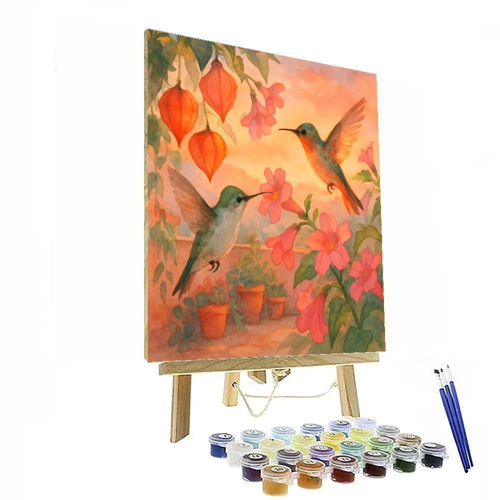 Hummingbirds Among Lantern Flowers At Sunset Terrace paint by color