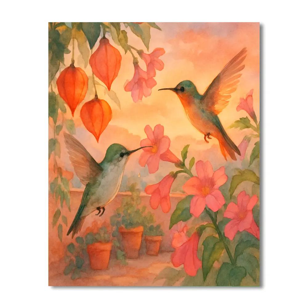 Hummingbirds Among Lantern Flowers At Sunset Terrace paint by color