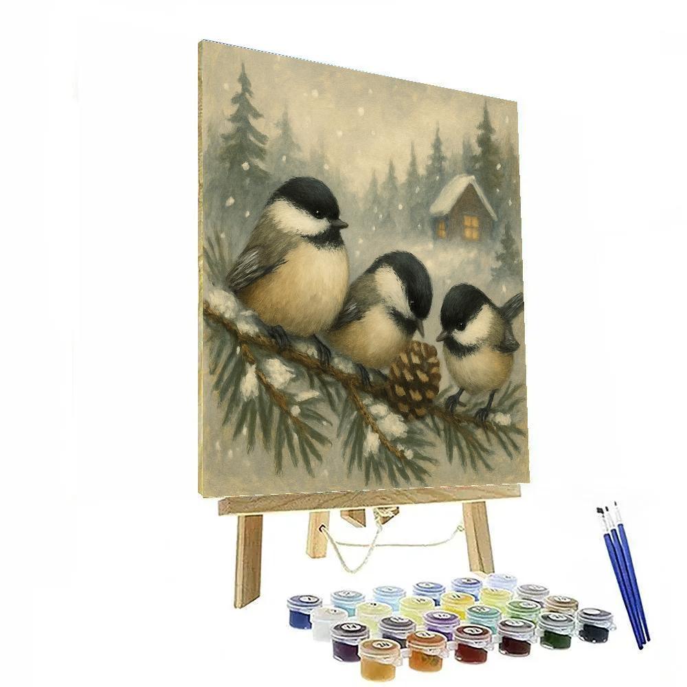 Snowy Pine Chickadees In A Quiet Cabin Clearing Numbered painting kits