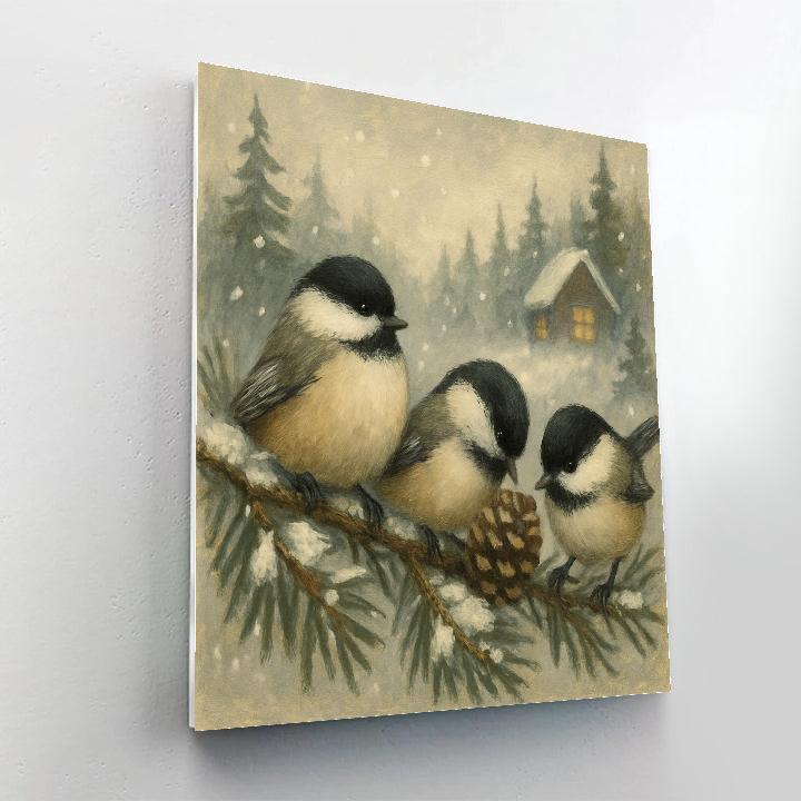 Snowy Pine Chickadees In A Quiet Cabin Clearing Numbered painting kits