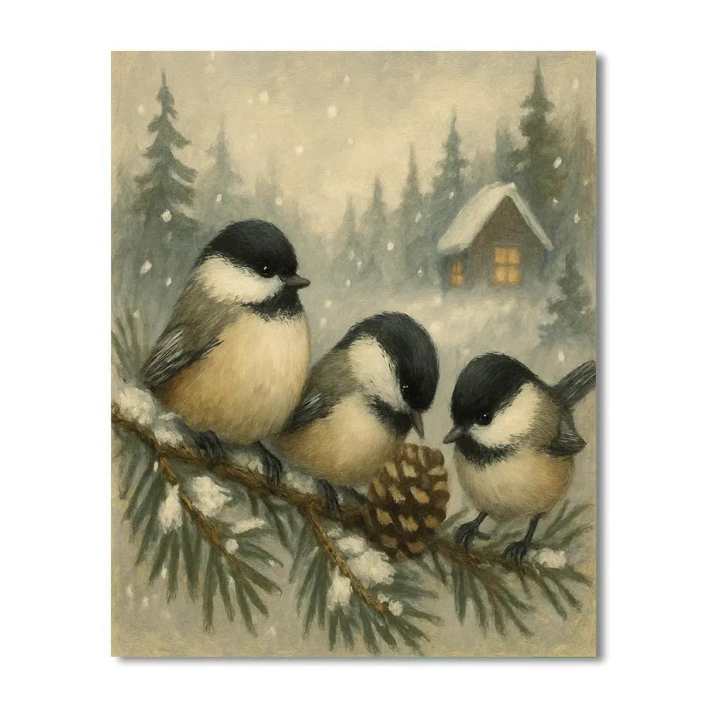 Snowy Pine Chickadees In A Quiet Cabin Clearing Numbered painting kits