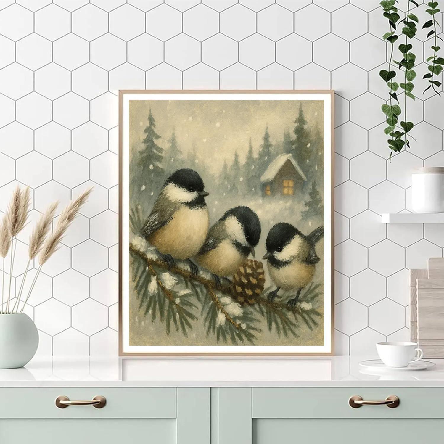 Snowy Pine Chickadees In A Quiet Cabin Clearing Numbered painting kits