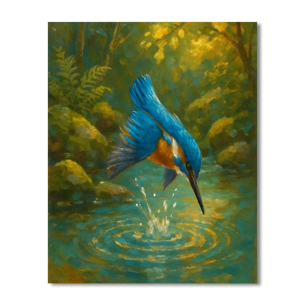 Kingfisher Splash Jewel Over A Still Woodland Stream paint by color