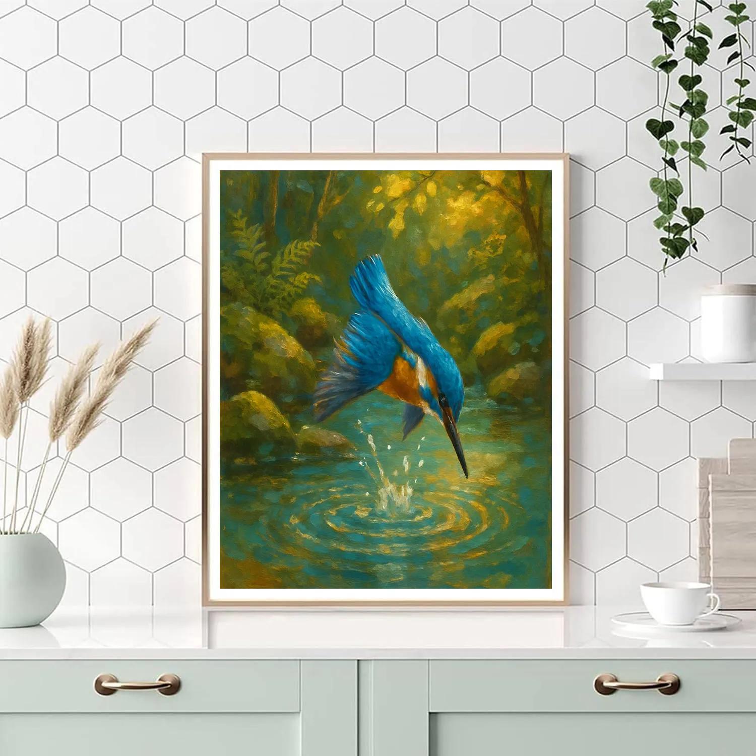 Kingfisher Splash Jewel Over A Still Woodland Stream paint by color