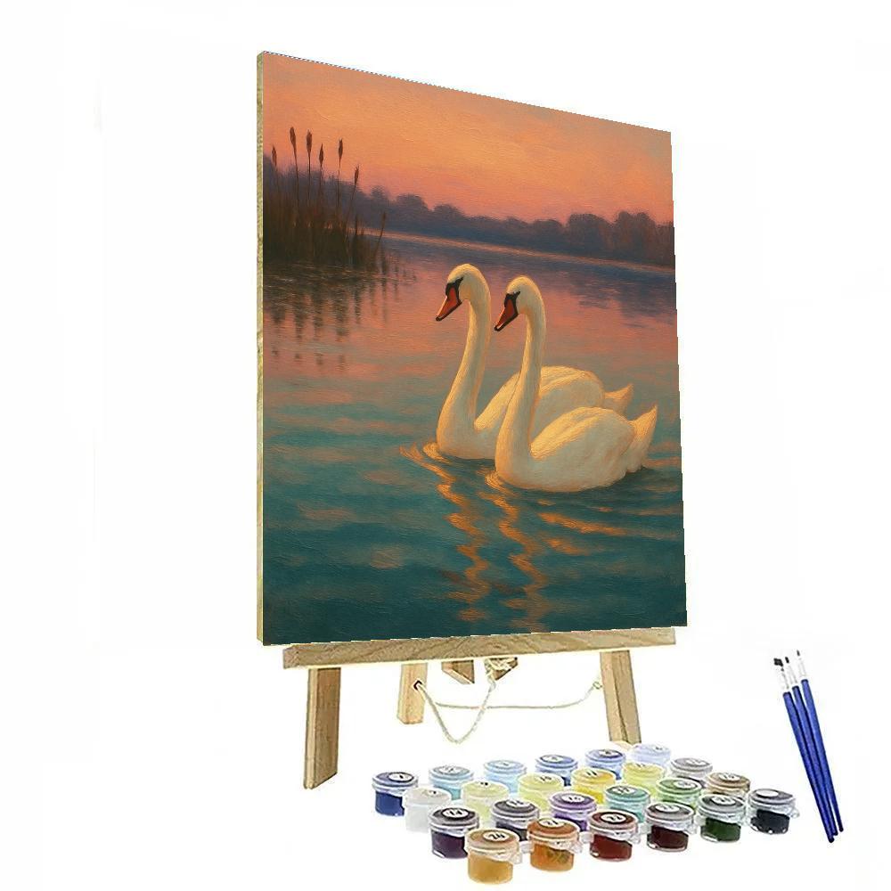 Swans Gliding Through Peach Twilight Number painting