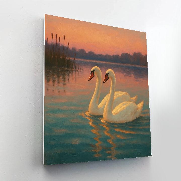Swans Gliding Through Peach Twilight Number painting