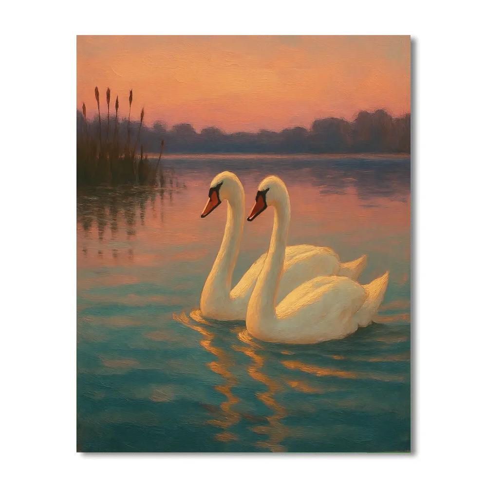 Swans Gliding Through Peach Twilight Number painting