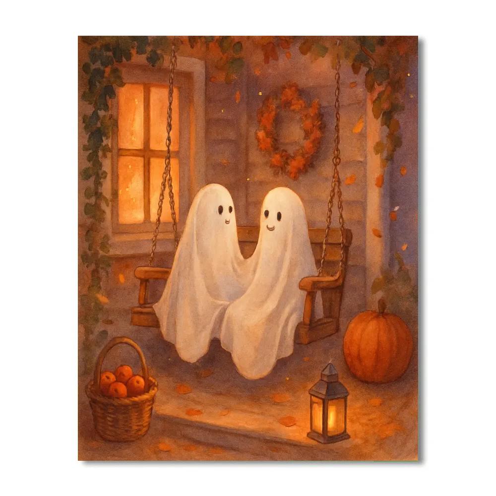 Autumn Porch Swing With Ghostly Blankets DIY paint by numbers