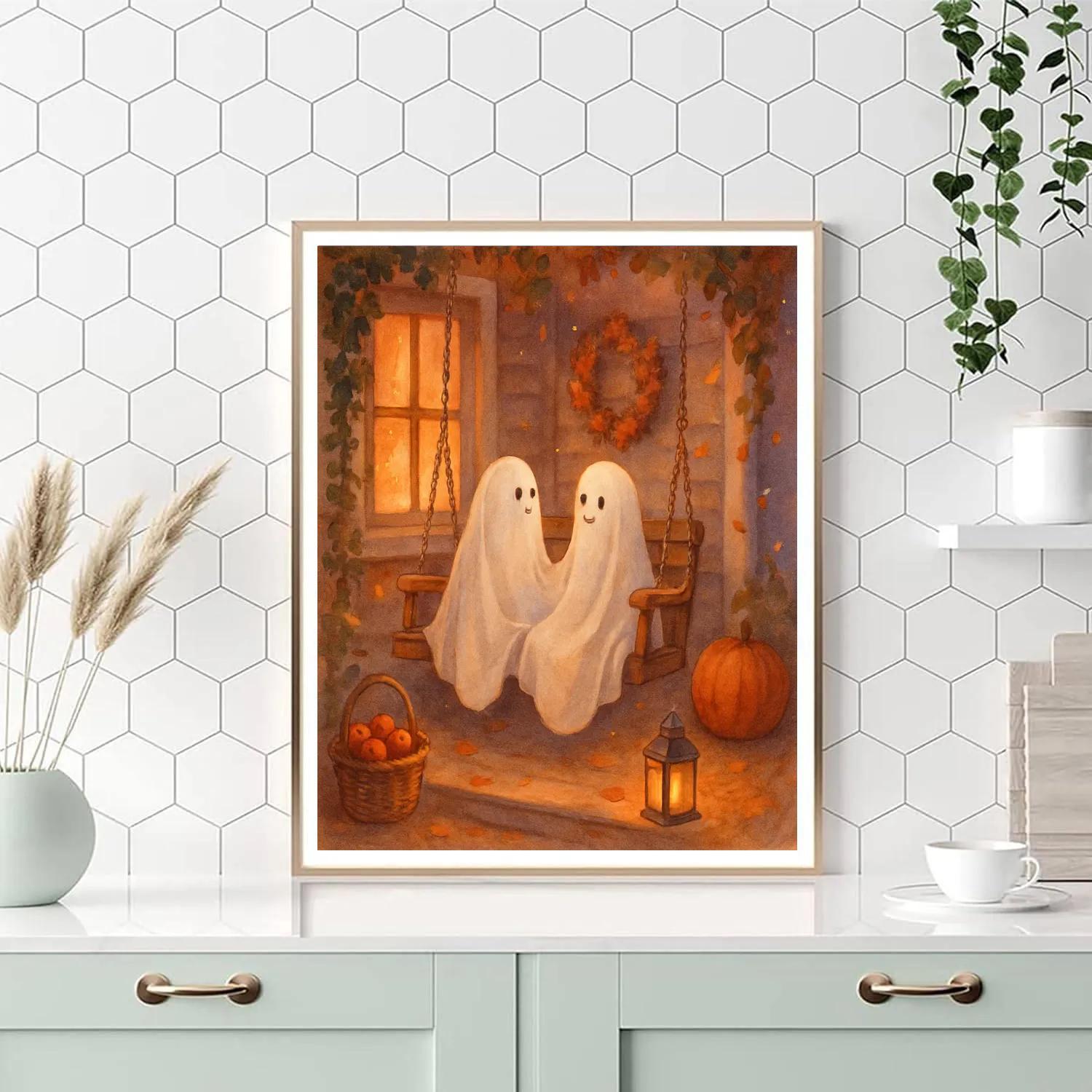 Autumn Porch Swing With Ghostly Blankets DIY paint by numbers