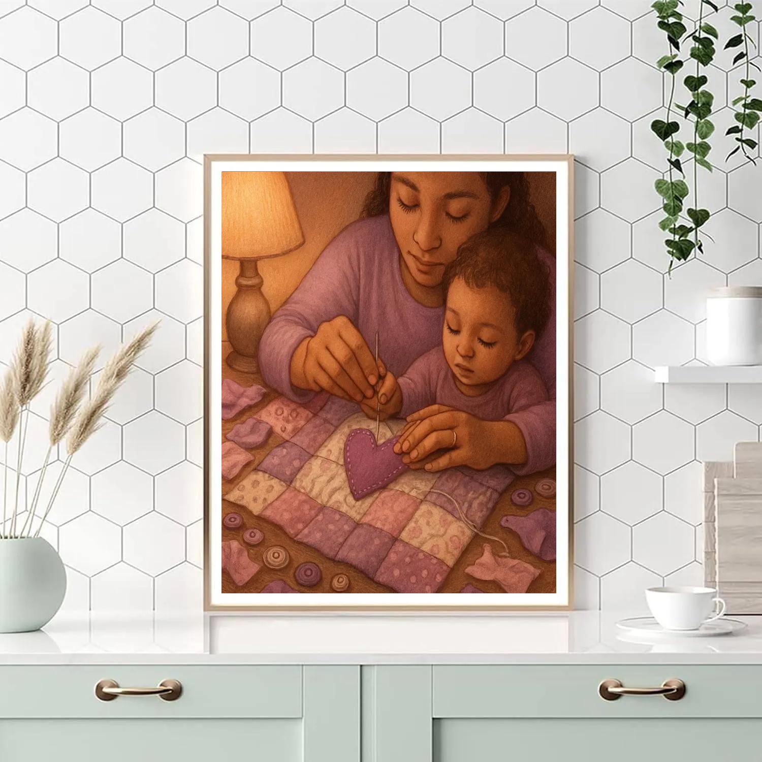 Mother And Child Sewing A Patchwork Heart Quilt Paint by numbers kits