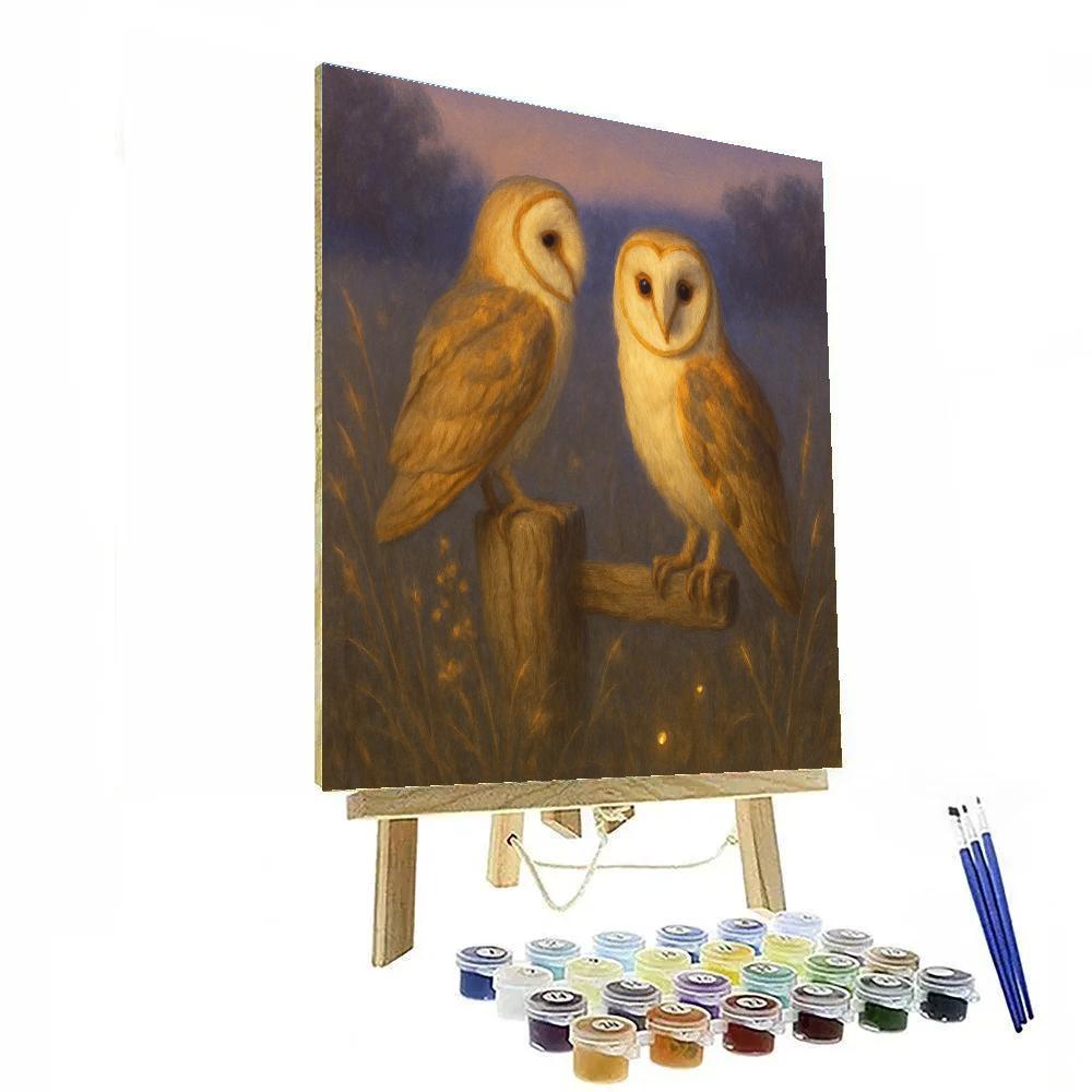 Twilight Barn Owls In A Meadow Of Firefly Light paint by numbers