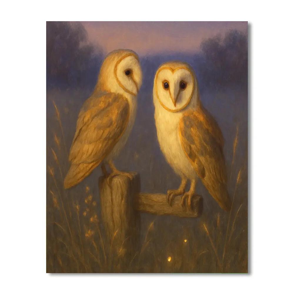 Twilight Barn Owls In A Meadow Of Firefly Light paint by numbers