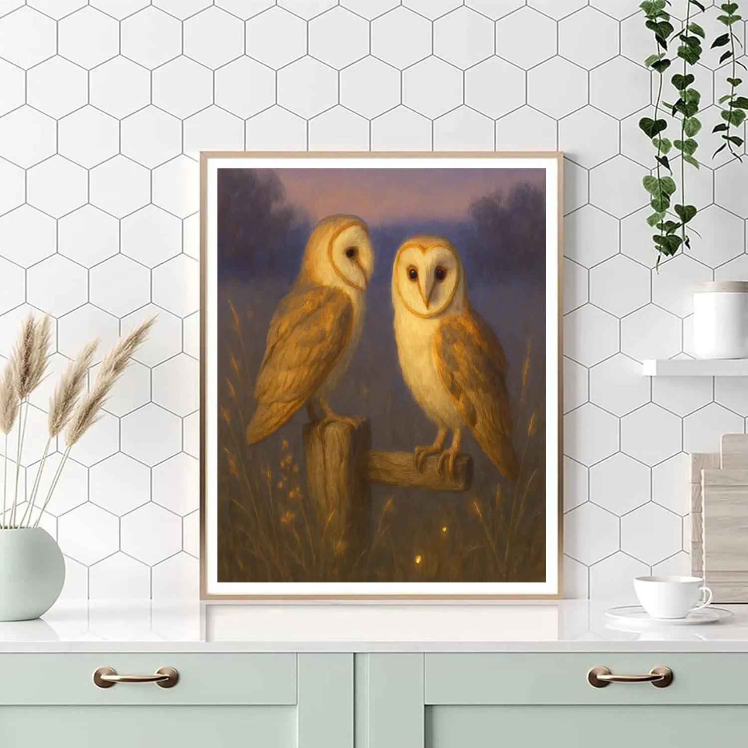 Twilight Barn Owls In A Meadow Of Firefly Light paint by numbers