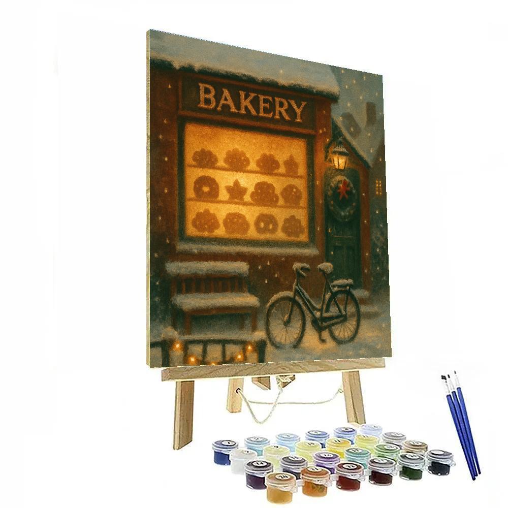 Golden Bakery Window In Falling Snow painting number kit