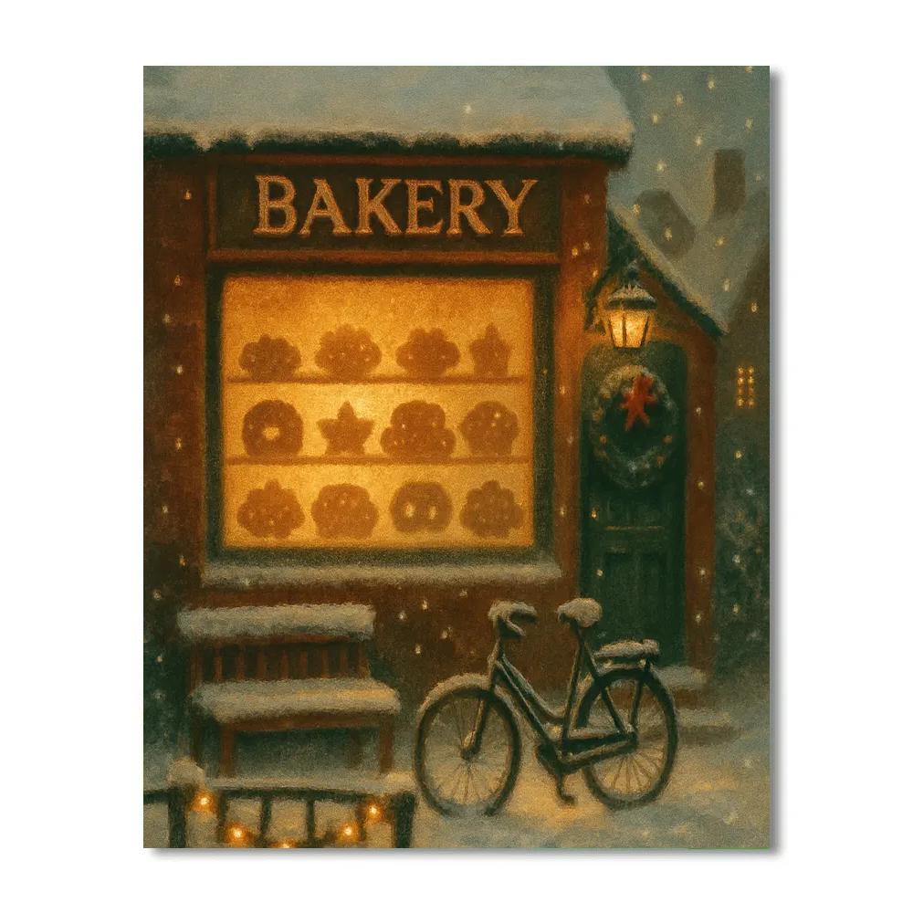 Golden Bakery Window In Falling Snow painting number kit
