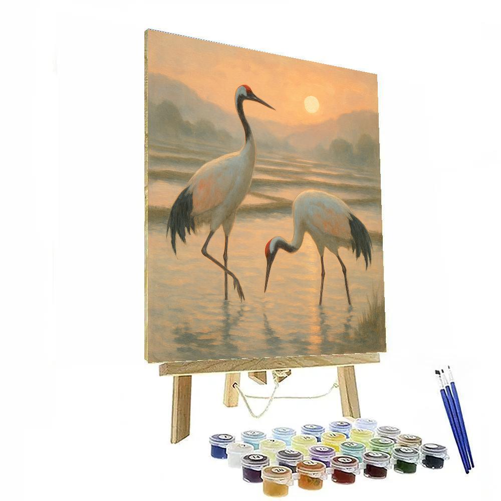 Cranes At Sunrise Over Misty Rice Paddies paint by number