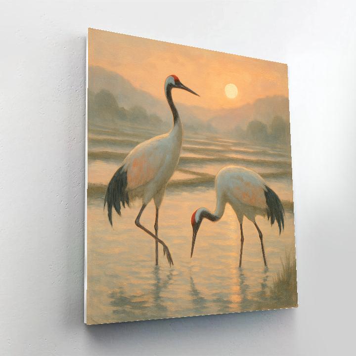 Cranes At Sunrise Over Misty Rice Paddies paint by number