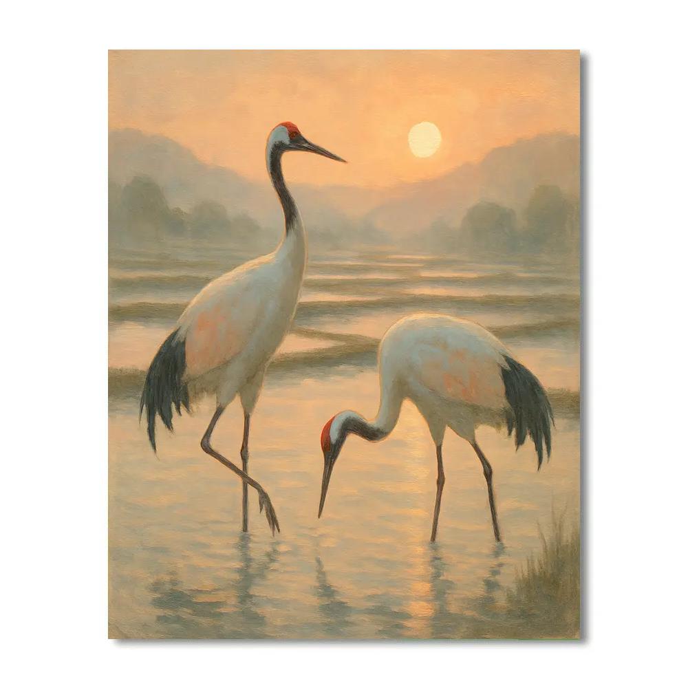 Cranes At Sunrise Over Misty Rice Paddies paint by number