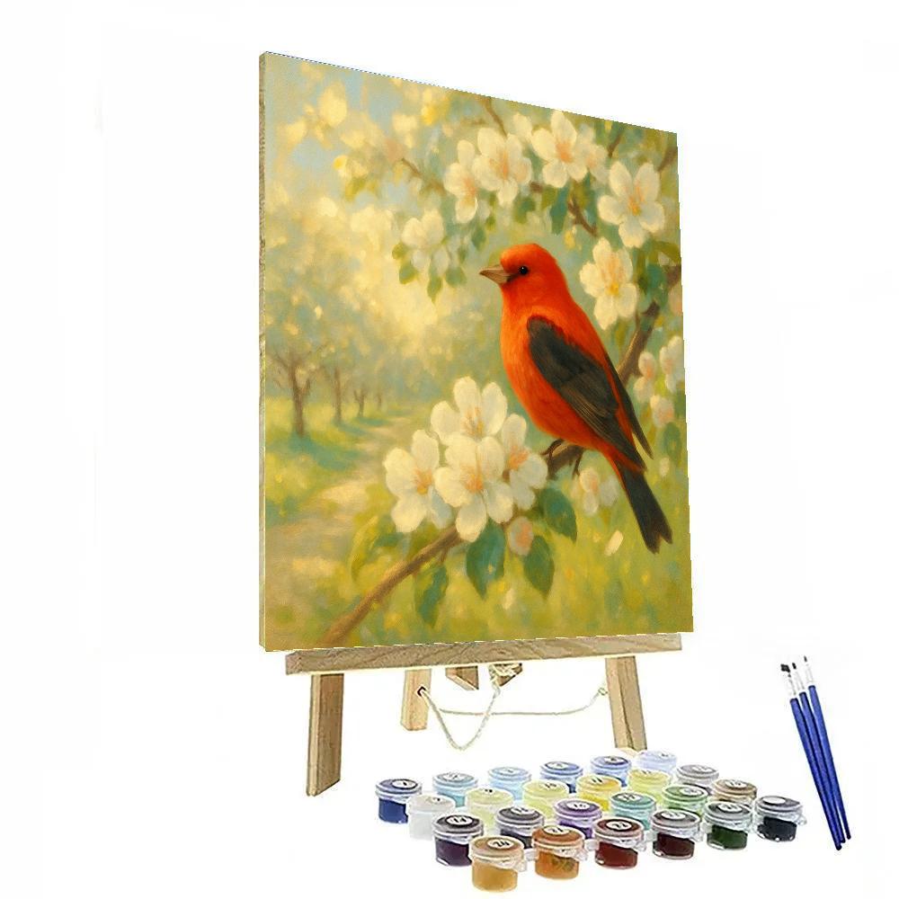 Scarlet Tanager In Blooming Apple Orchard Breeze DIY paint by numbers