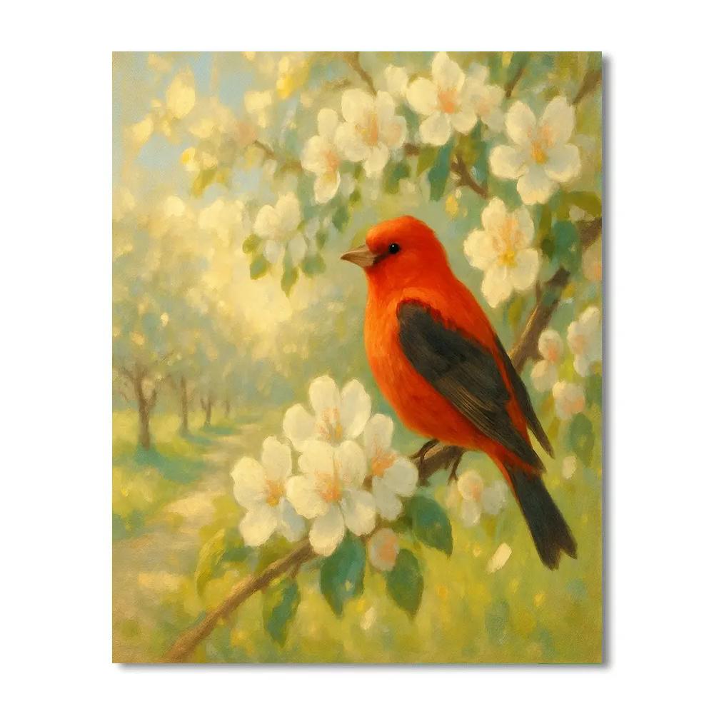 Scarlet Tanager In Blooming Apple Orchard Breeze DIY paint by numbers