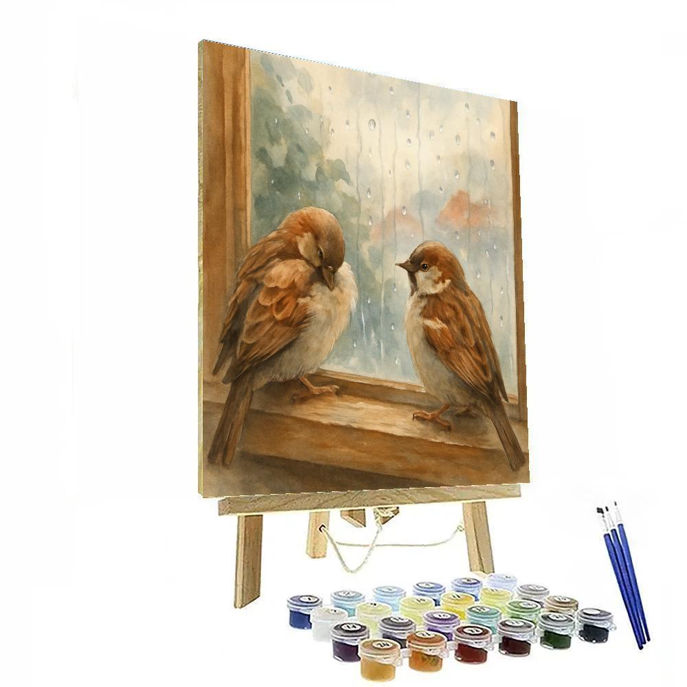 Loft Window Sparrows In Rainy Afternoon Glow Number painting