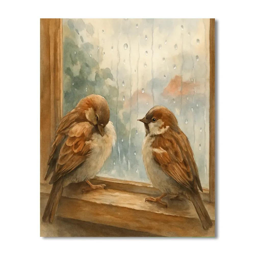 Loft Window Sparrows In Rainy Afternoon Glow Number painting