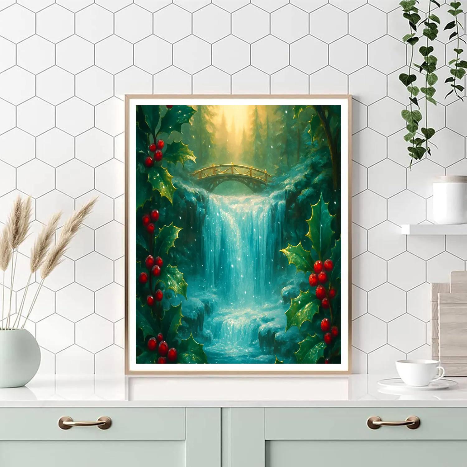 Holly Framed Waterfall In Winter Glow DIY paint by numbers