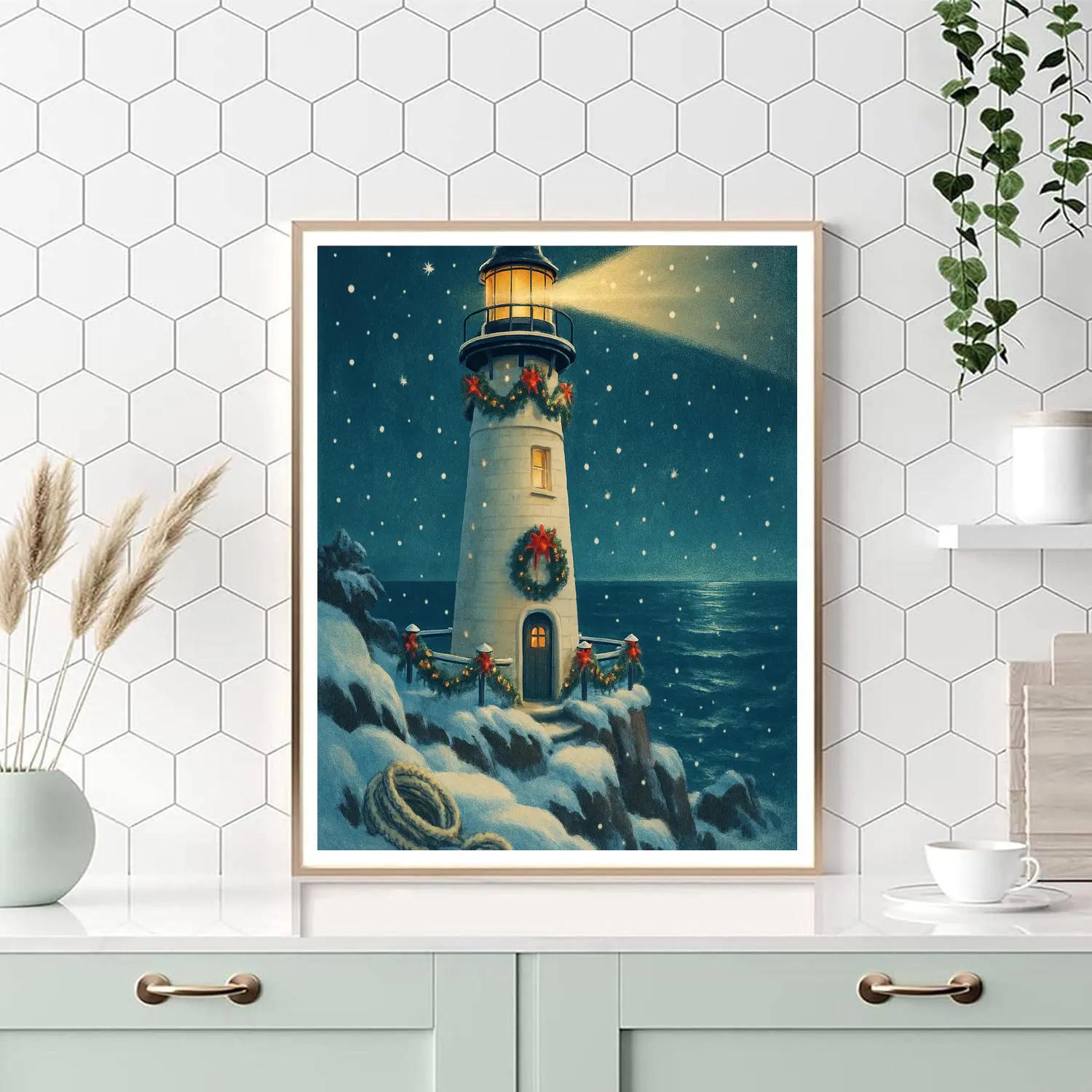 Winter Lighthouse With Garland Beacons DIY paint by numbers