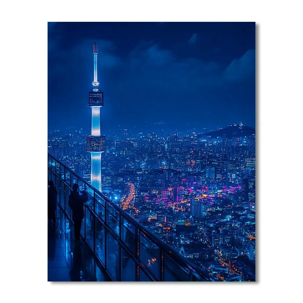 Neon Reflections On Namsan Seoul Tower Viewpoint Seoul South Korea DIY paint by numbers