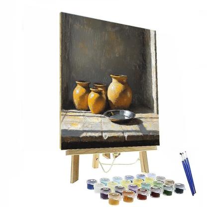 Diego Velázquez Inspired Silvery Bodegon Of Earthenware Jars In Foglike Light painting number kit