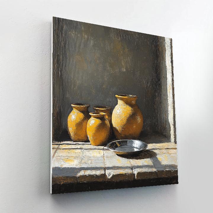 Diego Velázquez Inspired Silvery Bodegon Of Earthenware Jars In Foglike Light painting number kit