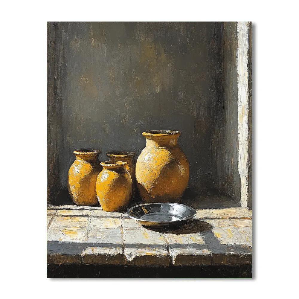 Diego Velázquez Inspired Silvery Bodegon Of Earthenware Jars In Foglike Light painting number kit