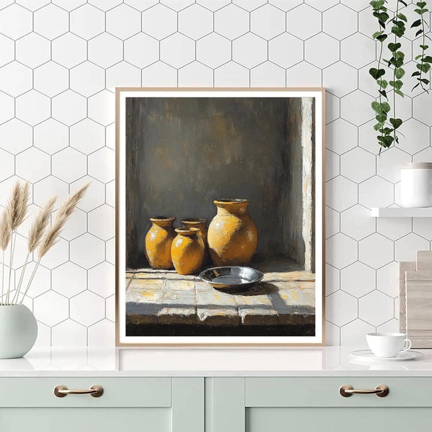 Diego Velázquez Inspired Silvery Bodegon Of Earthenware Jars In Foglike Light painting number kit