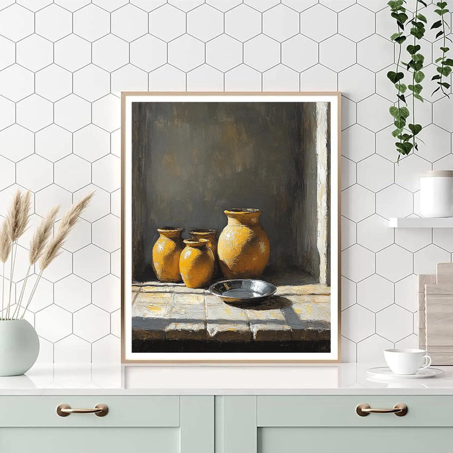 Diego Velázquez Inspired Silvery Bodegon Of Earthenware Jars In Foglike Light painting number kit