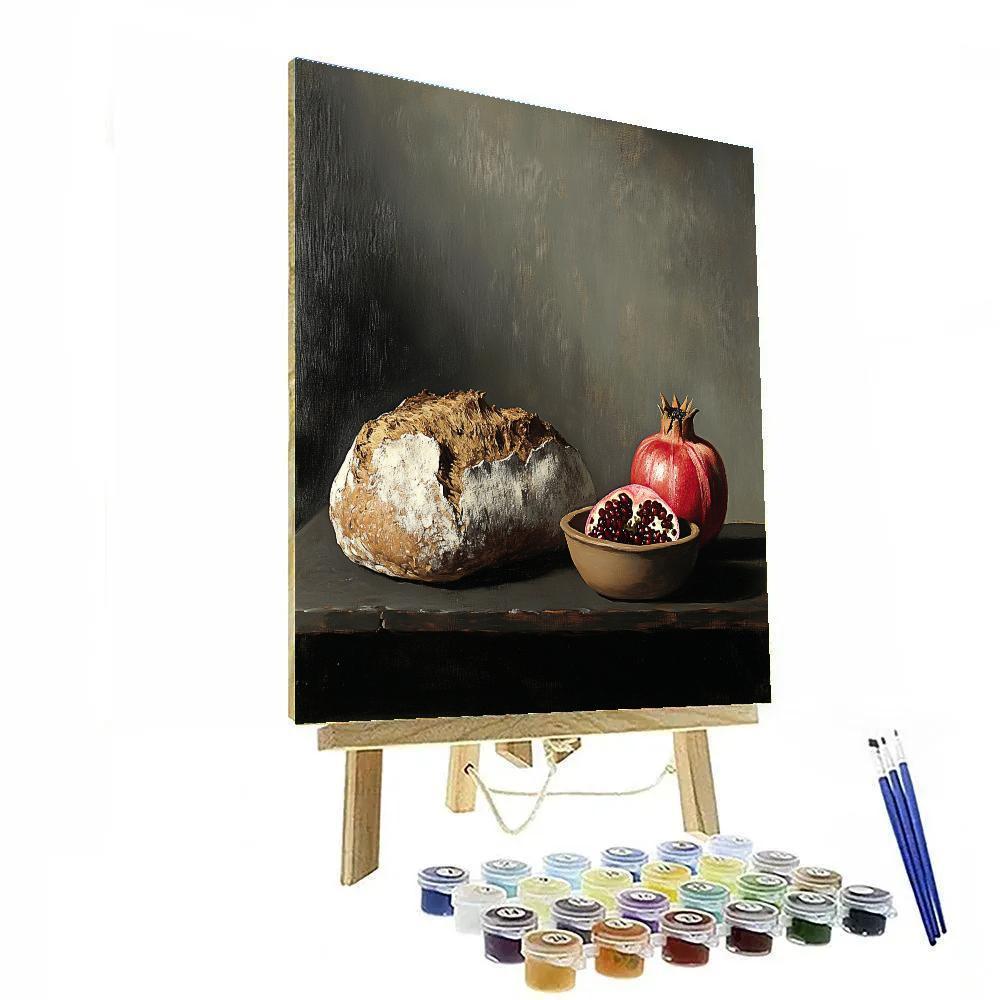 Diego Velázquez Inspired Market Still Life Of Loaves And Pomegranates In Quiet Shadow paint by number
