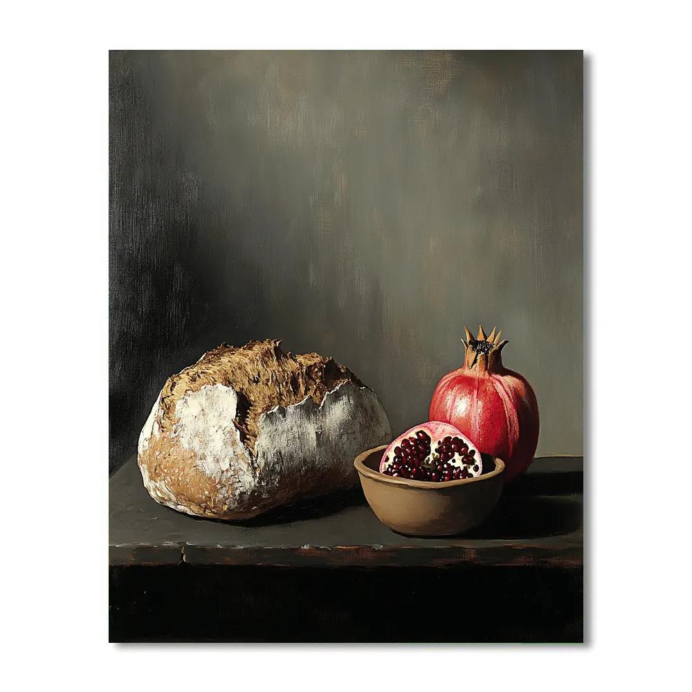 Diego Velázquez Inspired Market Still Life Of Loaves And Pomegranates In Quiet Shadow paint by number