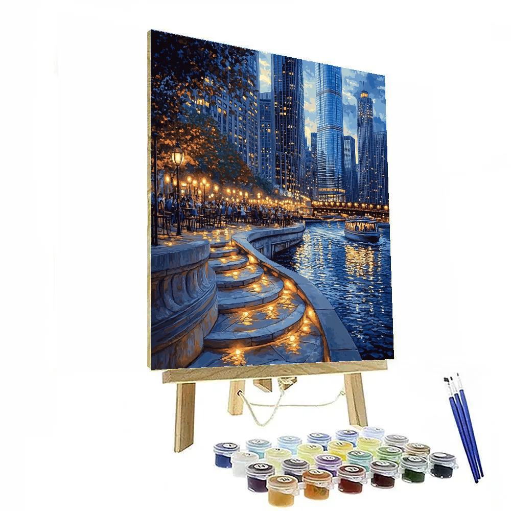 Riverfront Curves At The Chicago Riverwalk At Night Chicago United States Paint by numbers art