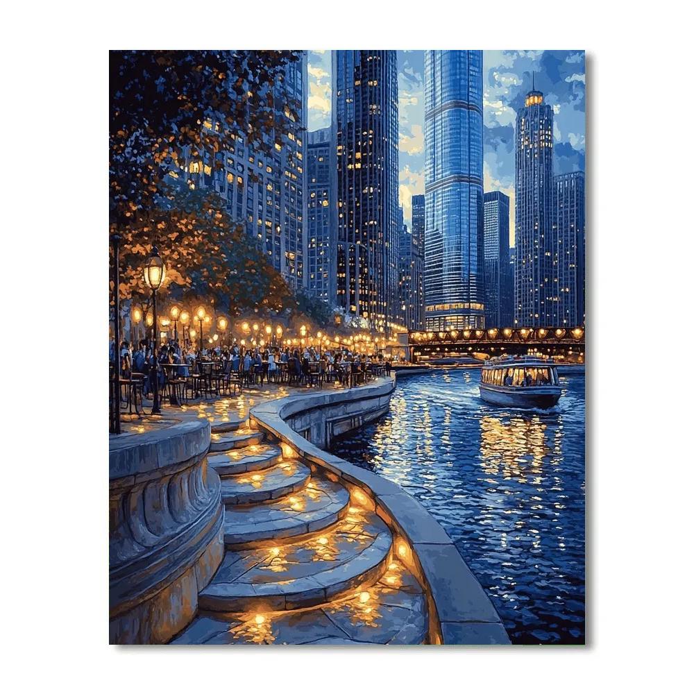 Riverfront Curves At The Chicago Riverwalk At Night Chicago United States Paint by numbers art