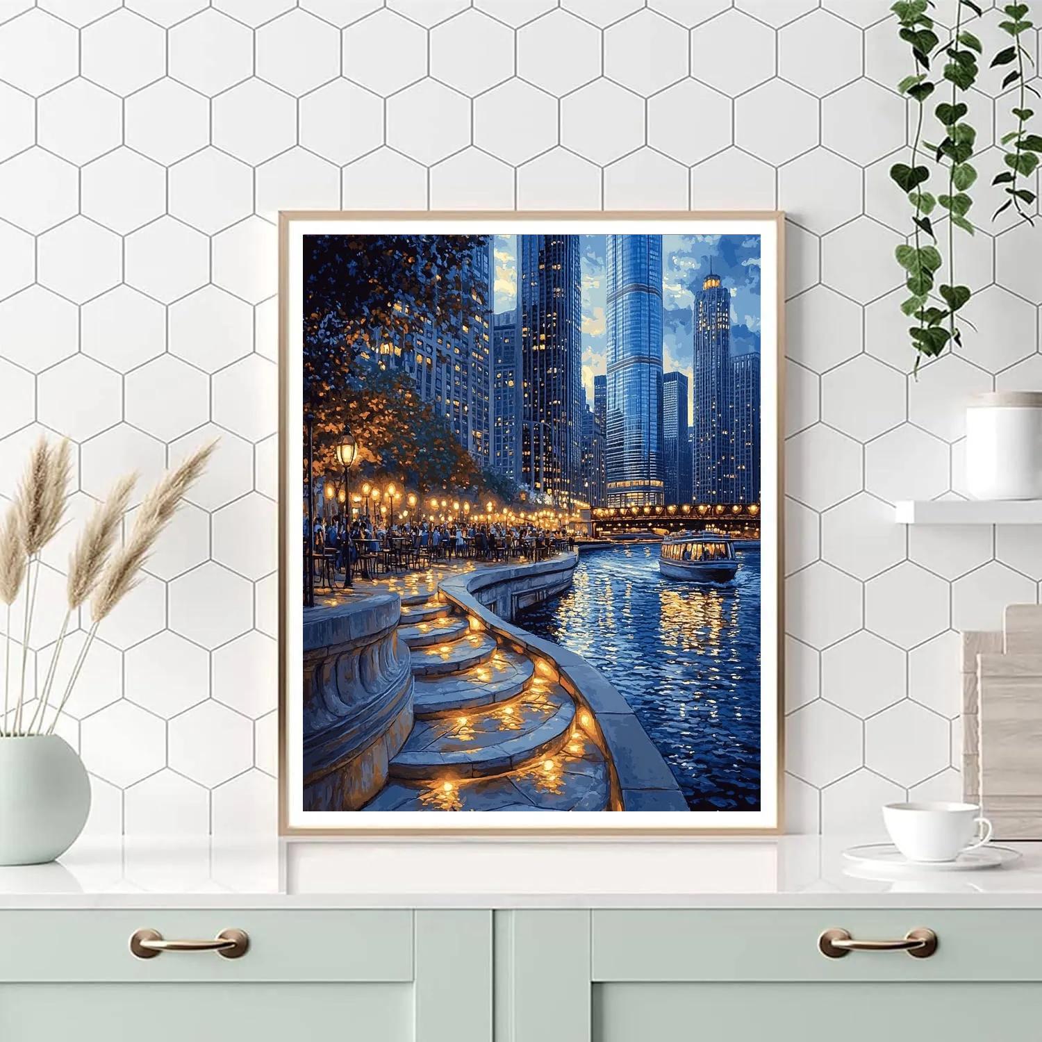 Riverfront Curves At The Chicago Riverwalk At Night Chicago United States Paint by numbers art