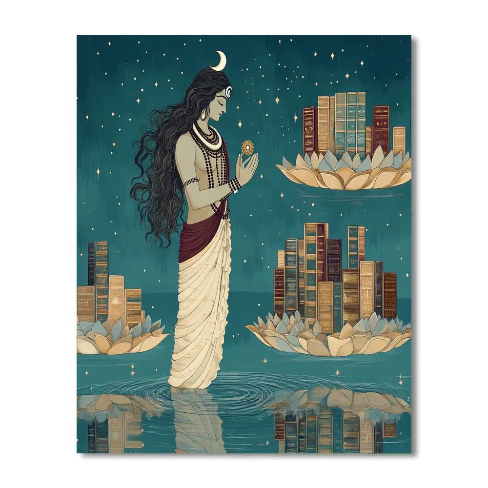 Lotus Library Under Moonlit Shiva Number painting