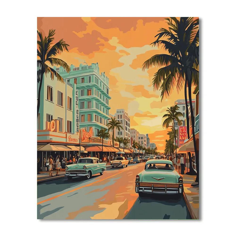 Art Deco Sunset At Ocean Drive South Beach Miami United States Numbered painting kits