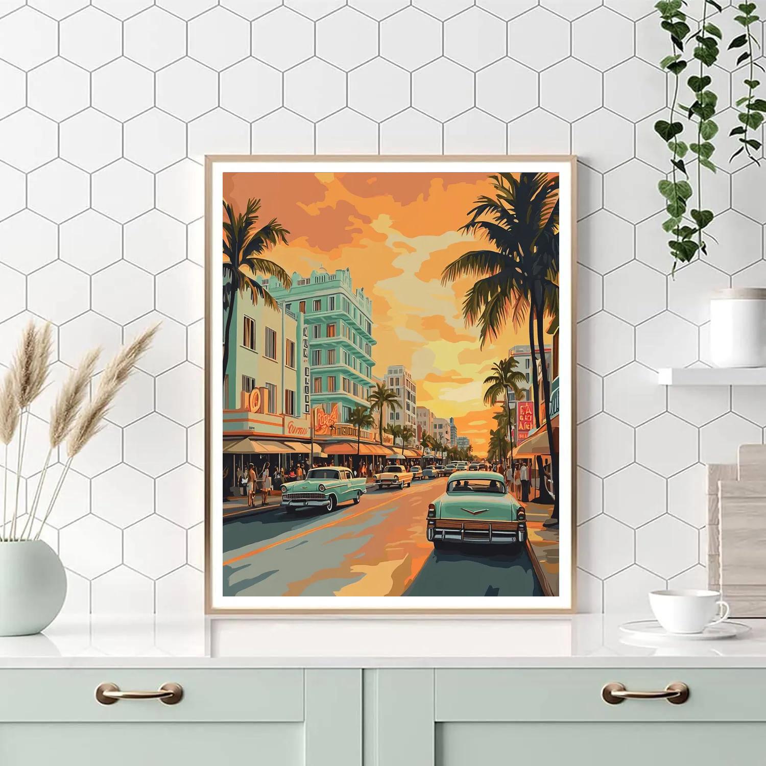 Art Deco Sunset At Ocean Drive South Beach Miami United States Numbered painting kits