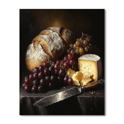 Caravaggio Inspired Still Life Of Bread And Cheese paint by color